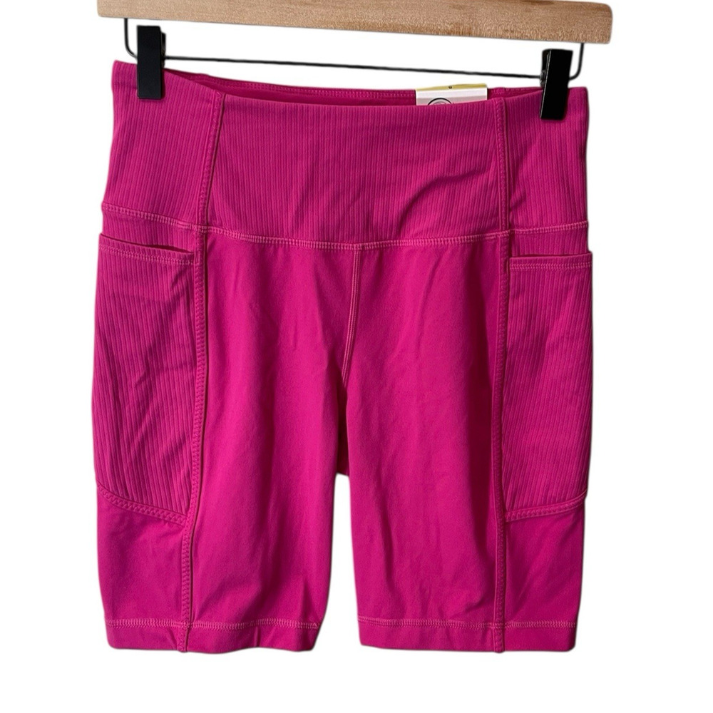 Mondetta‎ High Waist Biker Shorts Women's Small Pockets Ribbed Pink 8" Inseam